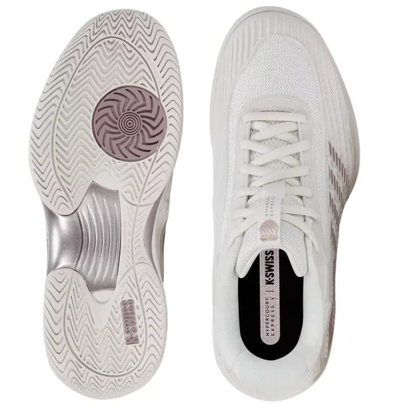 Women's Tennis Shoes K-Swiss Hypercourt Express 3 (White/Rose Gold) - Padelspeed - UK padel and racket sports shop (Shoes and accessories, Shoes)